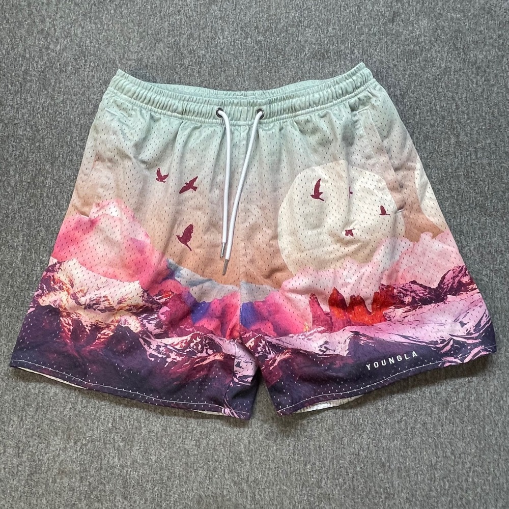 YoungLA Men Mesh Gym Shorts Mountain Landscape Print Pink Purple YLA2282 XXL